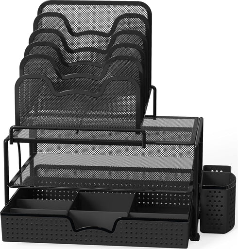 Simple Houseware Mesh Desk Organizer - Sliding Drawer, Double Tray, 5 Stacking Sorter Sections, Black