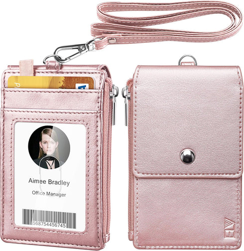 ELV Badge Holder with Zipper, PU Leather ID Card Holder Wallet with RFID Blocking Pocket and Lanyard (ROSE GOLD)