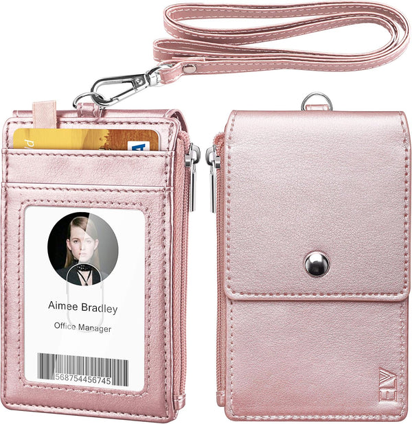 ELV Badge Holder with Zipper, PU Leather ID Card Holder Wallet with RFID Blocking Pocket and Lanyard (ROSE GOLD)