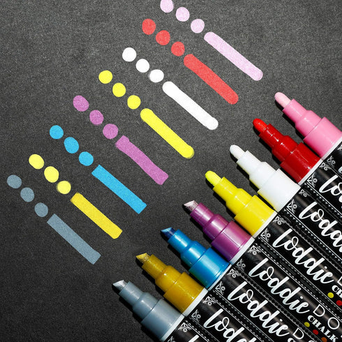 Loddie Doddie Liquid Chalk Markers, Dust Free Chalk Pens, 6mm Reversible Bullet & Chisel Tip, Pack of 16