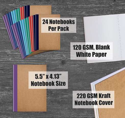 Better Office Products 24 Pack Small Kraft Notebooks, 4.1 in x 5.5 in, 120gsm, 48 Heavyweight Unlined Pages