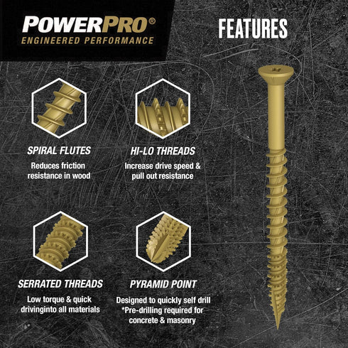 Power Pro Premium One Multi-Material Flat Head Screws, Epoxy Coated Steel, Bronze, #10 x 1-½ inches, Box of 15 Screws
