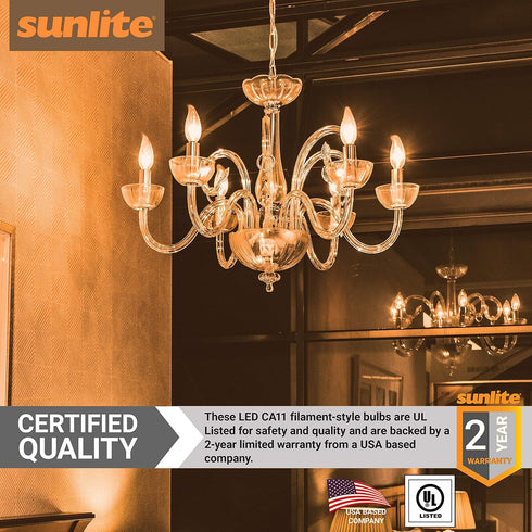 CA11 Bulb, 5 (60W 600 (E12), Dimmable, 2700K 1 Count Sunlite LED Filament Flame Tip Chandelier Light Watts Equivalent)