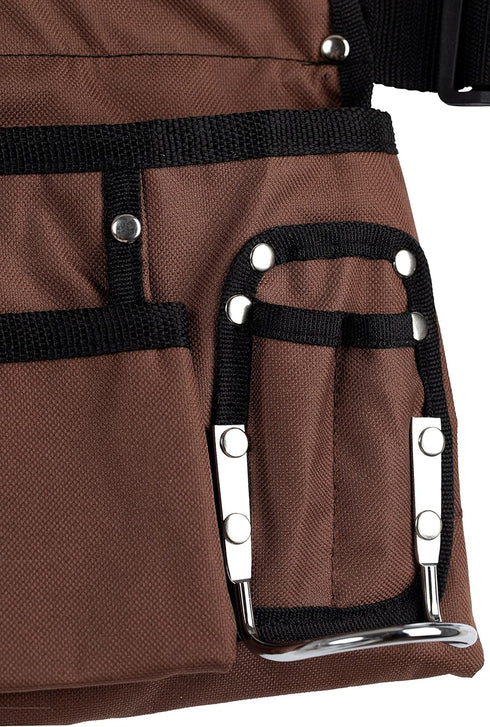 11 Pocket Heavy Duty Construction Tool Belt - Brown and Black Work Apron with Poly Web Belt, Adjusts 33 to 50