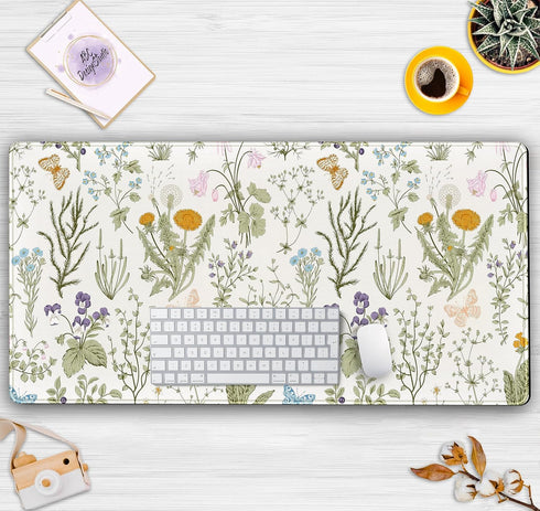 Cute Flowers Desk Mat, Pressed Dried Floral Mouse Pad, XXL Large Extended Gaming Mousepad 31.5x15.75 in for Women Office