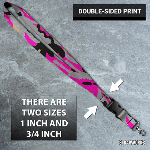 Print Lanyard - Satin Keychain Necklace with Side Release Buckle | ID Badge Holder - 1 Inch, Pink Grey Camo