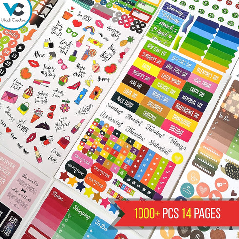 Vladi Creative Cute Colorful Planner Stickers – 1054 pcs / 15 Sheets – Functional & Decorative Icons, Dates, Weather,
