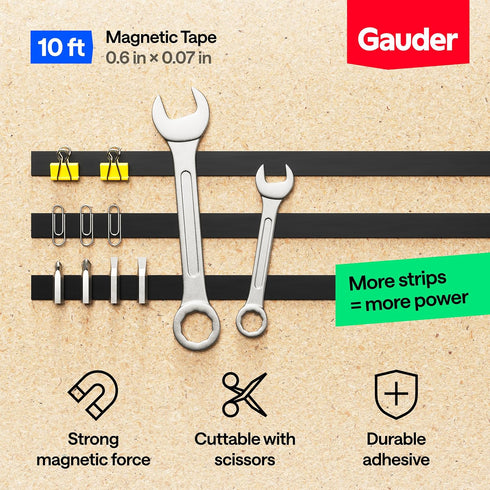 GAUDER Magnetic Tape with 3M Adhesive, Strong Self-Adhesive Magnet Strip, 10 ft x 0.6 in