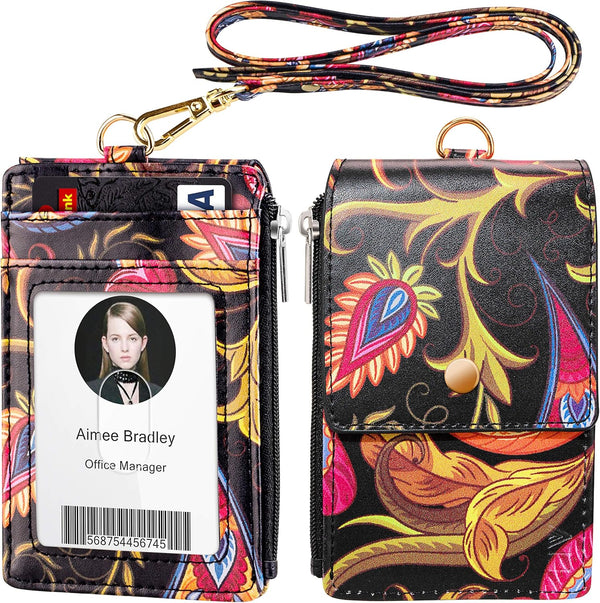 ELV Badge Holder with Zipper - ID Badge Card Holder Wallet with 5 Card Slots and RFID Blocking Pocket, 20 inch Lanyard