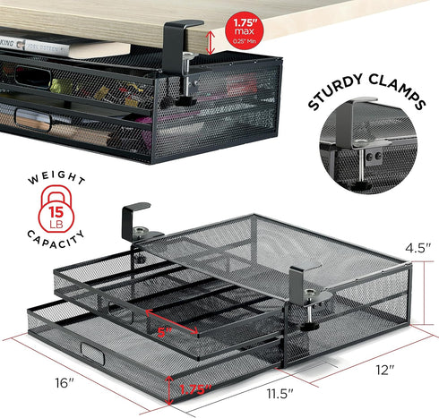 Under Desk Drawer Organizer, Clamp-On Mesh Metal Attachment with 2 Slide Out Drawers for Office Supplies