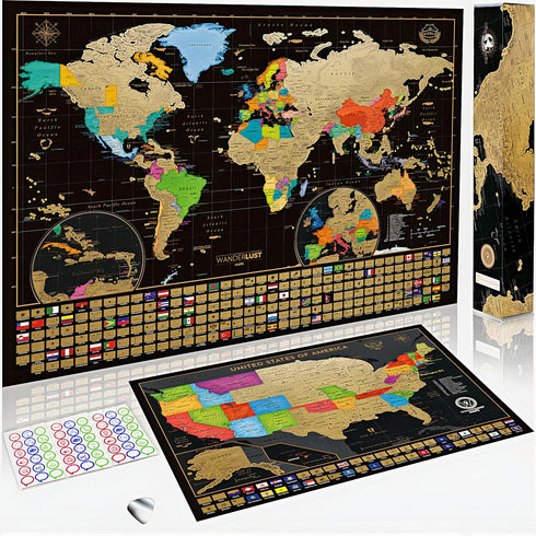 Two Scratch-Off Maps: World Map 17x24" + USA Map, Deluxe Travel Posters with Accessories