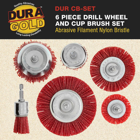 Dura-Gold 6 Piece Abrasive Nylon Wire Brush Set, Coarse Sanding, 1/4" Drill Shank for Rust Removal