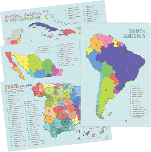 Quarterhouse 4 Poster Spanish Language Country Maps Set, Spanish Classroom Learning Materials, 12 x 18 Inches
