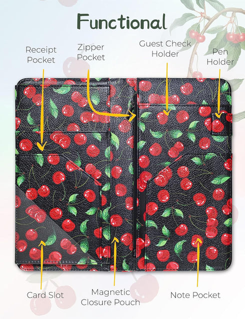 4.7 9 Mymazn X Cherry Server Book with Zipper Pocket Bling Waitress Book with Money Pocket and Magnetic Closure