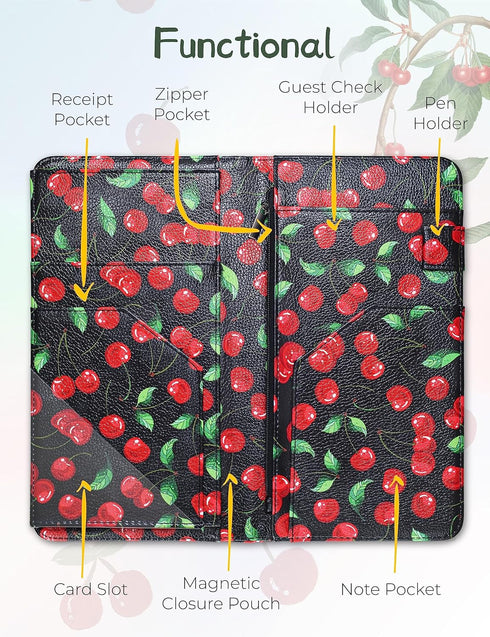 4.7 9 Mymazn X Cherry Server Book with Zipper Pocket Bling Waitress Book with Money Pocket and Magnetic Closure