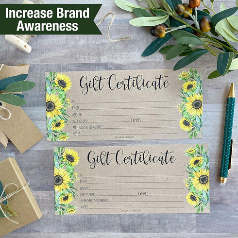 Hadley Designs Kraft Sunflower Blank Gift Certificates, 25 (4x9) for Business Gifts, Christmas, Spa Salon