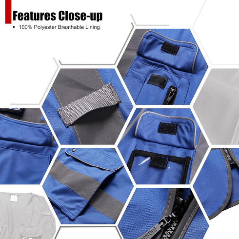 Class 2 Retro-Reflection Safety Vests, 9 Pockets and Front Zipper ANSI/ISEA 107-2015 (Blue-3, 2X-Large)