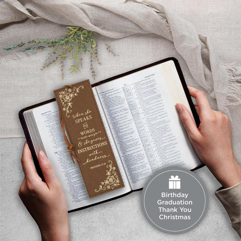 Christian Art Gifts Premium Vegan Faux Leather Scripture Bookmark, Proverbs 31:26 Inspirational Bible Verse