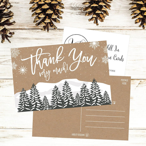Hadley Designs 25 4x6 Woodland Christmas Holiday Thank You Postcards, Blank Cute Modern Kraft Note Card