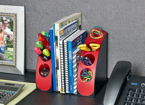 AdirOffice Smart Quarter Bookends & Office Desk Organizer - Heavy Duty Plastic w/Non Skid Bottom - Includes Storage