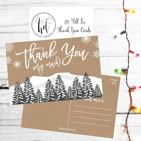 Hadley Designs 25 4x6 Woodland Christmas Holiday Thank You Postcards, Blank Cute Modern Kraft Note Card