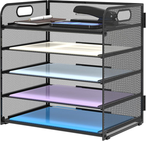 Supeasy 5 Trays Paper Organizer - Mesh Desk File/Letter Organizer, Black Paper Sorter for Office, Home, School