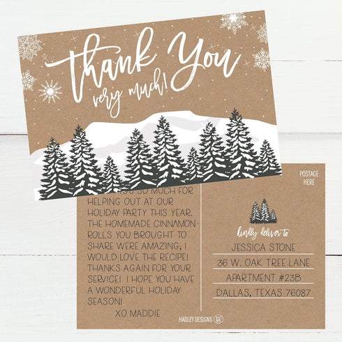 Hadley Designs 25 4x6 Woodland Christmas Holiday Thank You Postcards, Blank Cute Modern Kraft Note Card