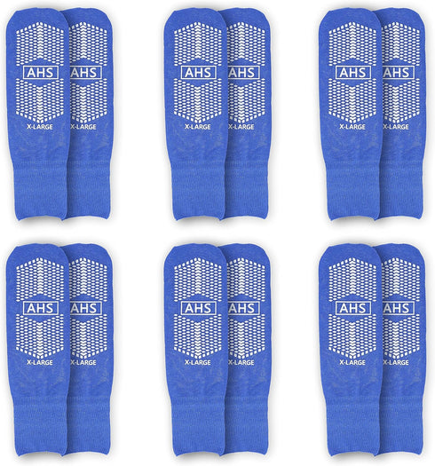 Pack 6 AMERICAN HOSPITAL SUPPLY AHS Slipper Socks | Blue X-Large Polyester-Spandex Knit Grip Socks with Elastic Cuff |