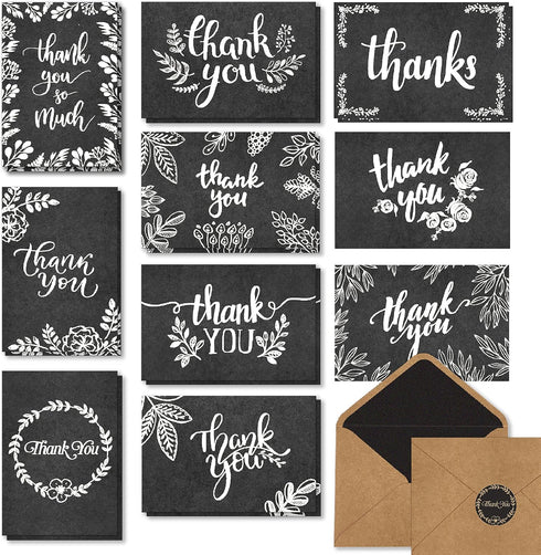 T&M Quality Designs LLC 120 Elegant Black and White Chalkboard Kraft Thank You Cards with Kraft
