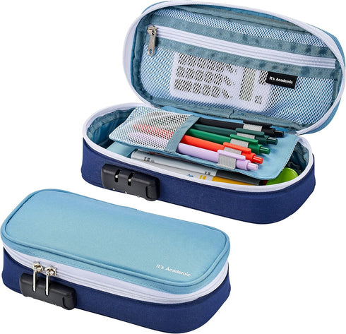 It's Academic Locking Pencil Case - Compact, High Capacity Travel Organizer Bag for Office & School Supplies, Blue