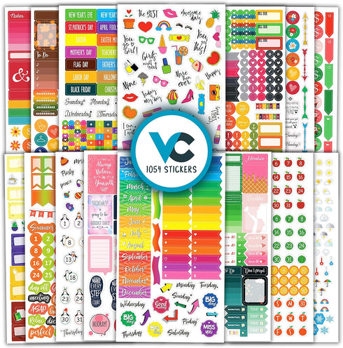 Vladi Creative Cute Colorful Planner Stickers – 1054 pcs / 15 Sheets – Functional & Decorative Icons, Dates, Weather,