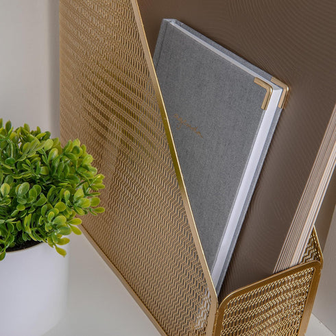 Martha Stewart Ryder Gold Mesh Metal Magazine File Holder, Desktop Organizer (9.75 x 3.75 x 11.5)