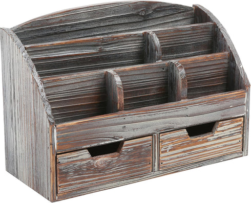 MyGift Desktop Organizer - Torched Wood with 6 Compartments and 2 Pullout Drawers for Office Supplies