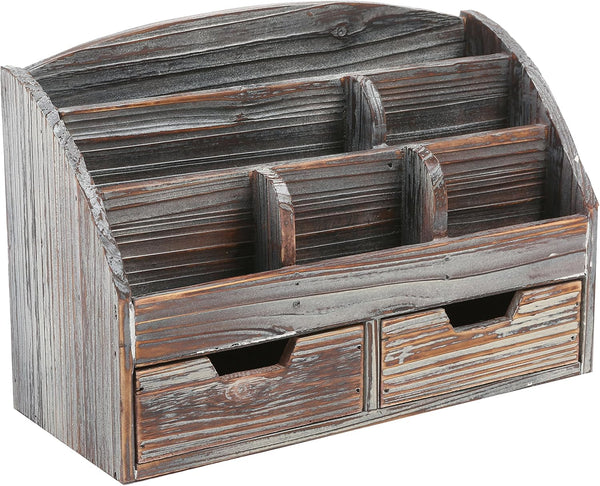 MyGift Desktop Organizer - Torched Wood with 6 Compartments and 2 Pullout Drawers for Office Supplies