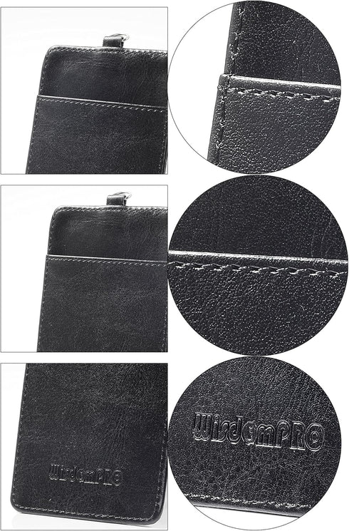 Wisdompro ID Badge Holder with Retractable Keychain, 2-Sided PU Leather Pass Card Holder, Black, Vertical