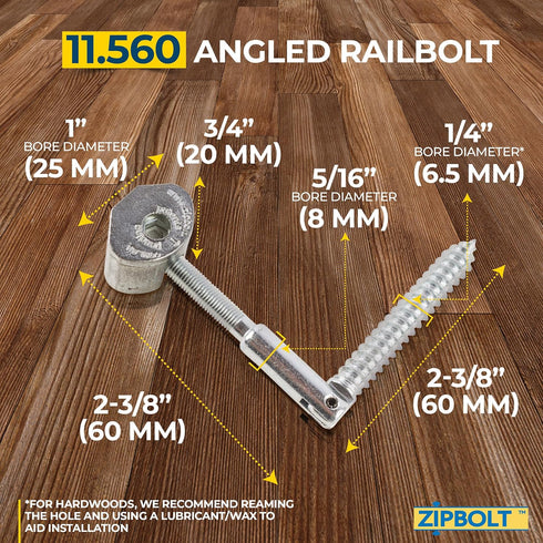 Zipbolt 11.560 Angled Railbolt - Angled Staircase Handrail to Newel Post Connector for Residential and Commercial