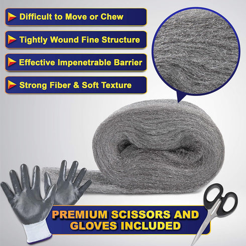 MAPORCH Steel Wool for Mice Control - 3 Pack, 3.2"x7.5 ft Wool, Gap Filler for Home & Garage, DIY Bundle with Gloves & Scissors