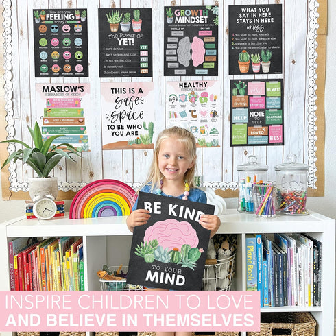 Hadley Designs 9 Cactus Mental Health Posters for Classroom, School Counselor Office Decor, Calm Corner