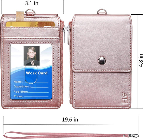 ELV Badge Holder with Zipper, PU Leather ID Card Holder Wallet with RFID Blocking Pocket and Lanyard (ROSE GOLD)