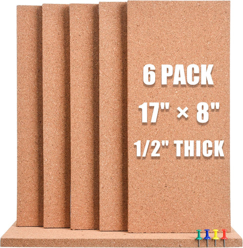 SUNGIFT Cork Bulletin Board 1/2" Thick 6 Pack Frameless Cork Tiles 17 x 8 Inch with 50 PCS Pushpins