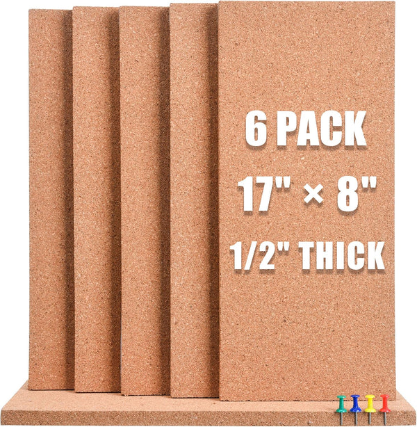 SUNGIFT Cork Bulletin Board 1/2" Thick 6 Pack Frameless Cork Tiles 17 x 8 Inch with 50 PCS Pushpins
