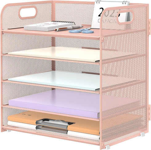 Supeasy 5 Trays Paper Organizer Letter Tray with Handle, Mesh Desk File Sorter for Office, Home or School
