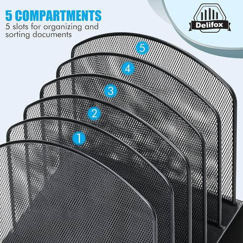 Inclined Desk File Organizer, 5-Section Vertical File Folder Holder Stand, Metal Rack for Office Desktop Organization
