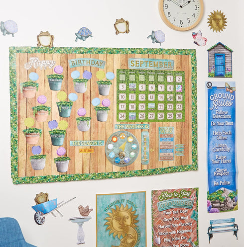 Eureka Curiosity Garden Classroom Calendar Bulletin Board Set for Teachers, 97 Pieces for Classroom Decoration