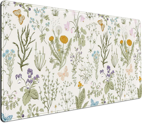 Cute Flowers Desk Mat, Pressed Dried Floral Mouse Pad, XXL Large Extended Gaming Mousepad 31.5x15.75 in for Women Office