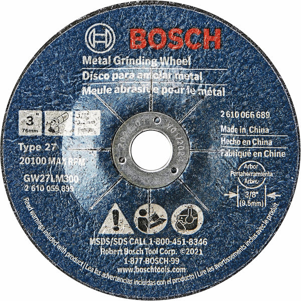 BOSCH GW27LM300 2-Pack 3 In. x 1/8 In. Metal Grinding Wheel, 30 Grit Compatible with 3/8 In. Arbor Type 27