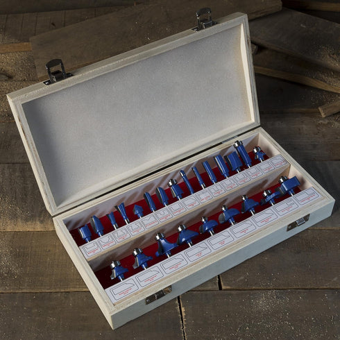24-Piece Set 0.25-Inch Router Bit - Wood Routers Kit with Shank and Wooden Storage Case - Woodworking Tools for Home